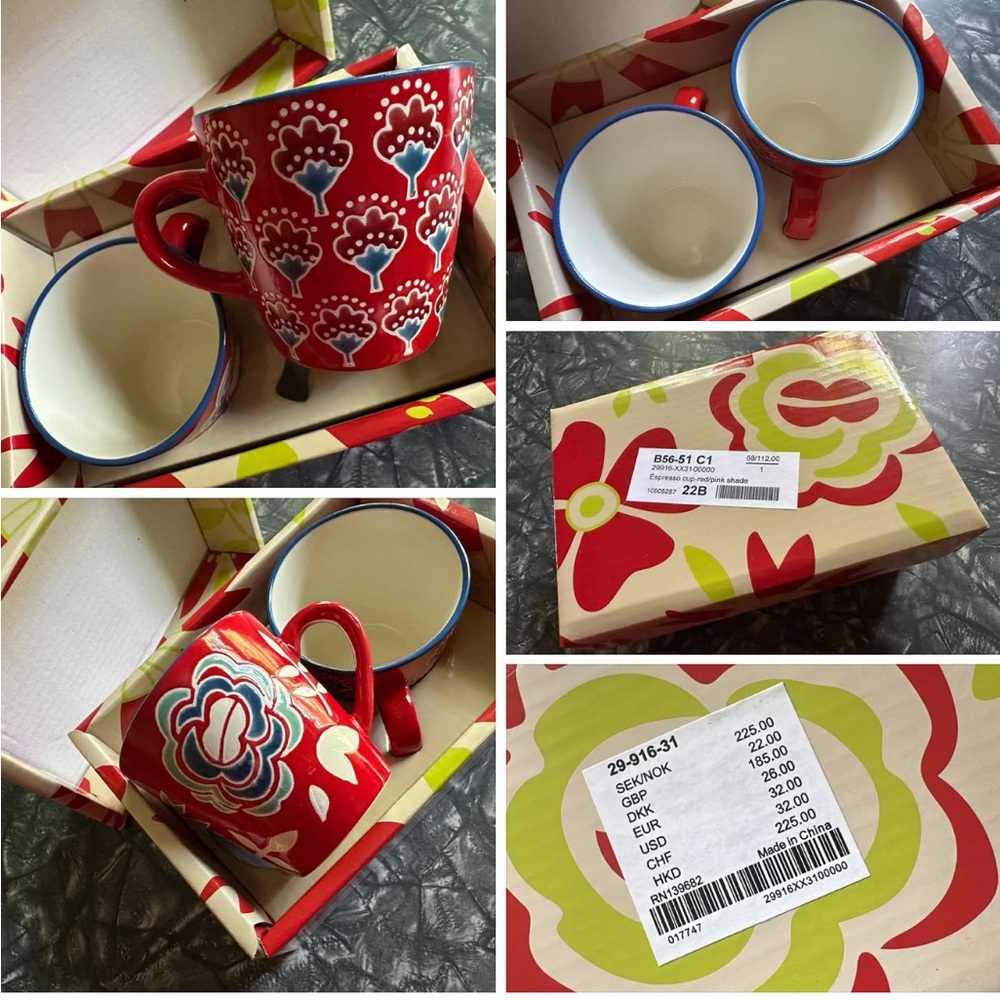 New In Box Gudrun Sjoden Red and White And Blue Floral Mug Set